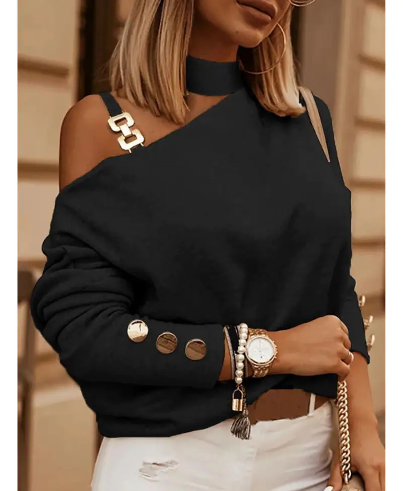 Kadınlar İlkbahar Sonbahar Çarpık Yakalı Bluz Kadınlar İlkbahar Sonbahar Çarpık Yakalı Bluz