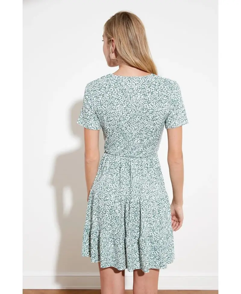 Yeşil V Yaka Çiçek Desenli Örme Elbise