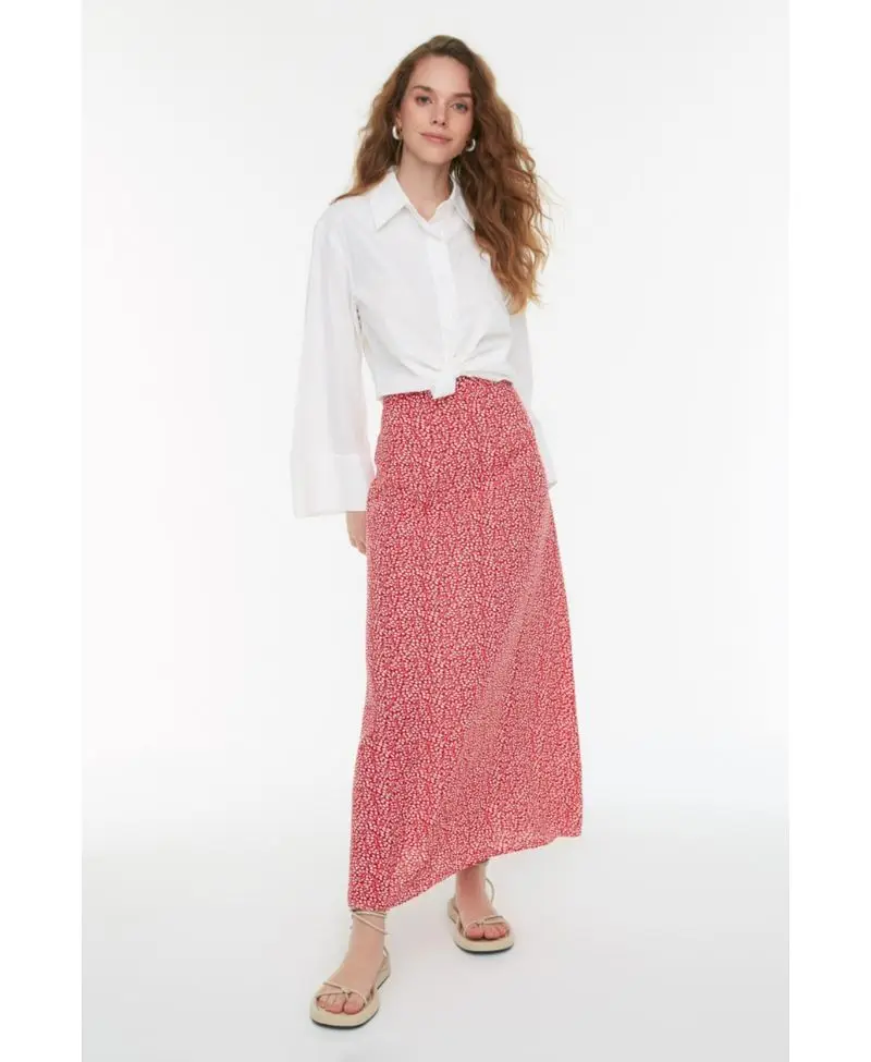 Kırmızı Çiçek Baskılı Viskon Tesettür Kloş Etek