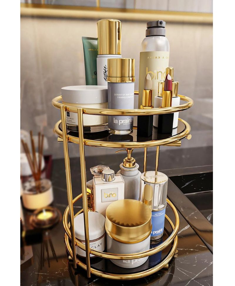 Bino Banyo Kozmetik Takı Düzenleyici Çok Amaçlı Organizer 2 Katlı Servis Sunum Tepsisi Ikramlık Gold